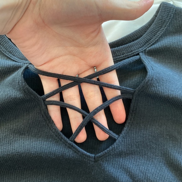 long sleeve black top with straps in the front - Picture 2 of 3